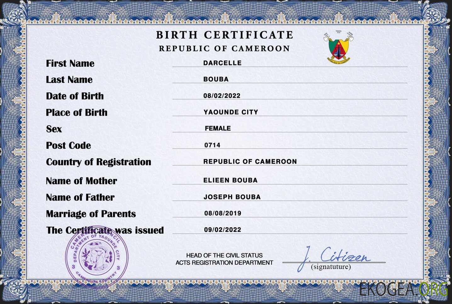 Modèle PSD de certificat de naissance de l'état civil du Cameroun